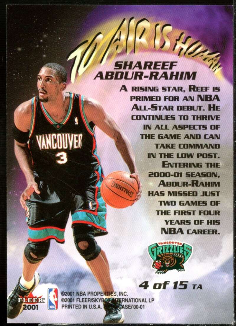 Shareef Abdur-Rahim Card 2000-01 Fleer Showcase To Air is Human #4  Image 2