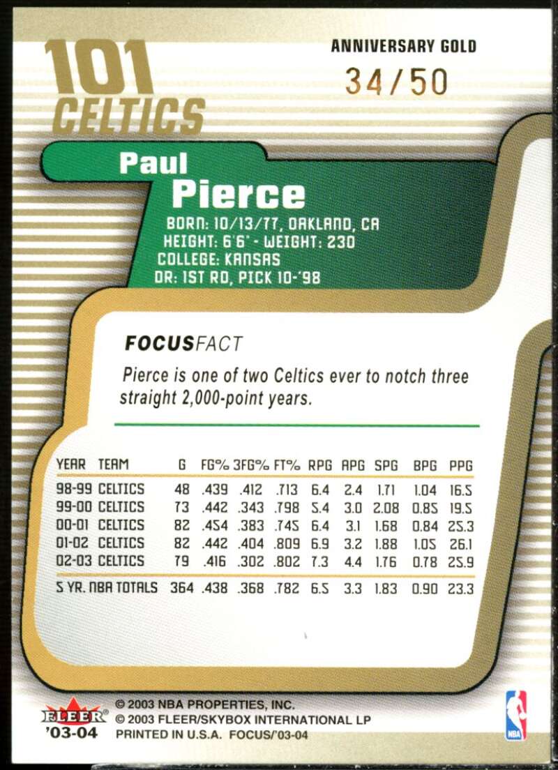 Paul Pierce Card 2003-04 Fleer Focus Gold #101  Image 2