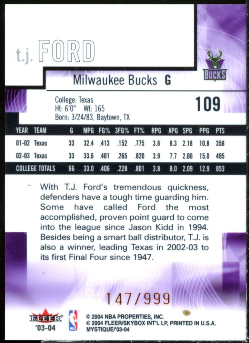 T.J. Ford Rookie Card 2003-04 Fleer Mystique #109  Image 2