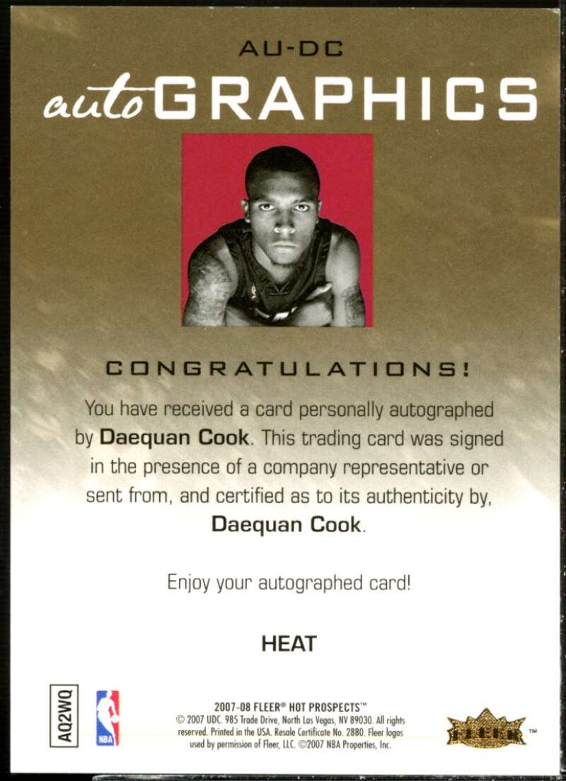 Daequan Cook Card 2007-08 Fleer Hot Prospects Autographics #DC  Image 2