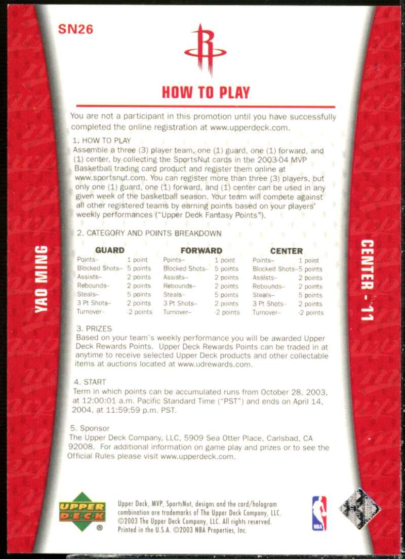 Yao Ming Card 2003-04 Upper Deck MVP Sportsnut Fantasy #SN26  Image 2
