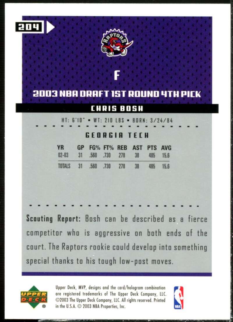 Chris Bosh Rookie Card 2003-04 Upper Deck MVP #204  Image 2