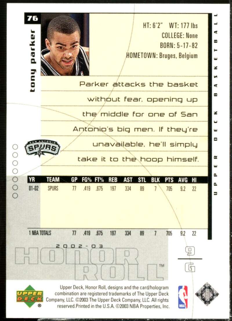 Tony Parker Card 2002-03 Upper Deck Honor Roll #76  Image 2