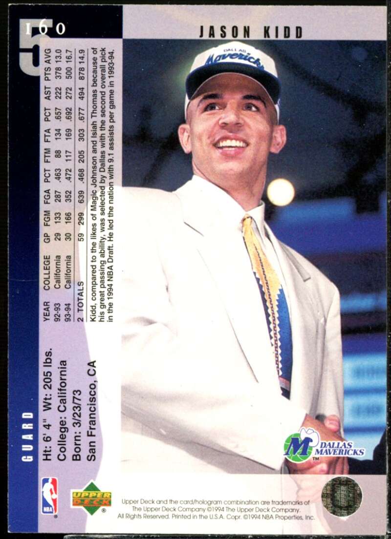 Jason Kidd Rookie Card 1994-95 Upper Deck #160  Image 2