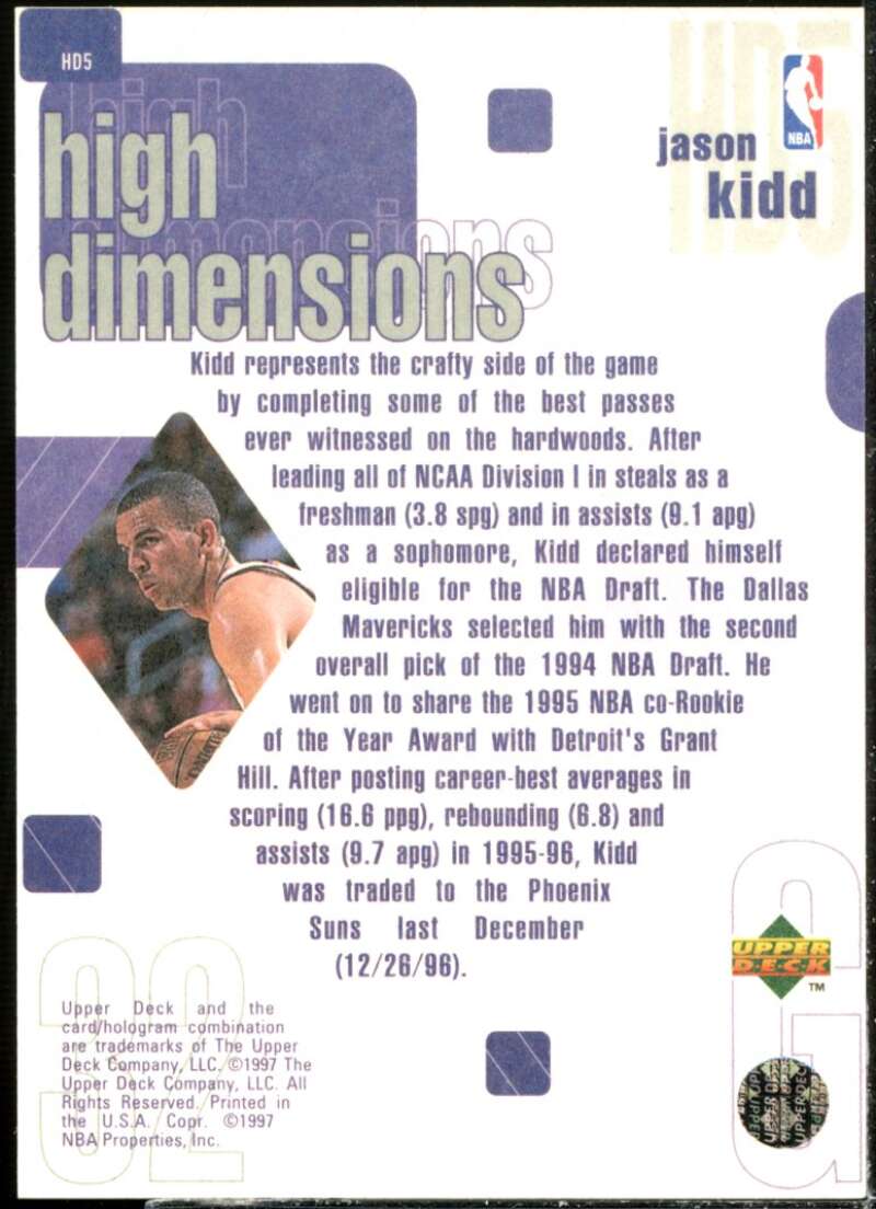 Jason Kidd Card 1997-98 Upper Deck High Dimensions #D5  Image 2