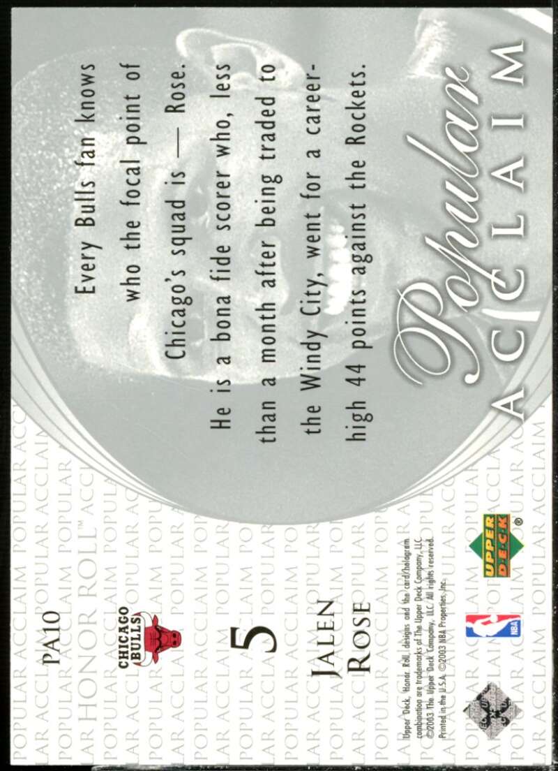 Jalen Rose Card 2002-03 Upper Deck Honor Roll Popular Acclaim #PA10  Image 2