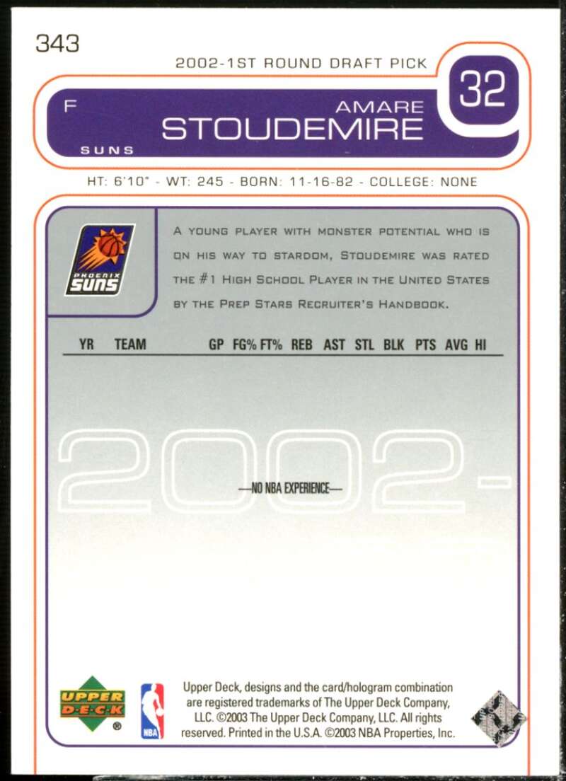 Amare Stoudemire Rookie Card 2002-03 Upper Deck #343  Image 2