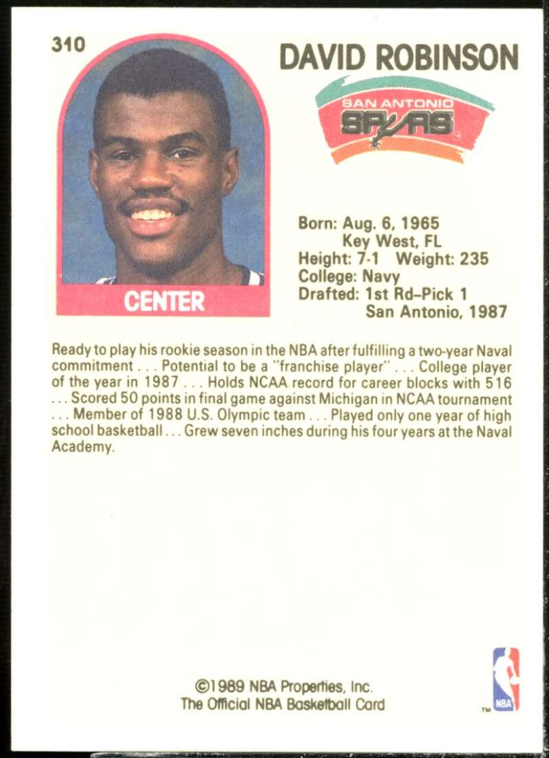 David Robinson IA Rookie Card 1989-90 Hoops #310  Image 2