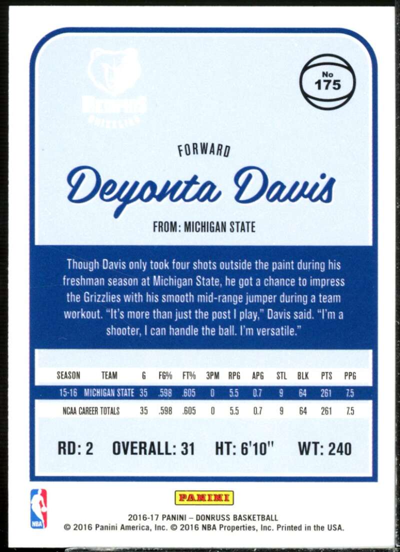 Deyonta Davis Rookie Card 2016-17 Donruss Holo Laser Green and Yellow #175  Image 2