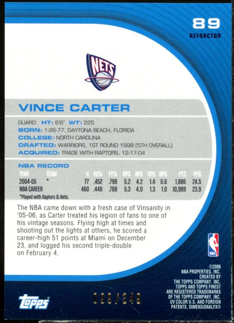 Vince Carter Card 2005-06 Finest Refractors #89  Image 2