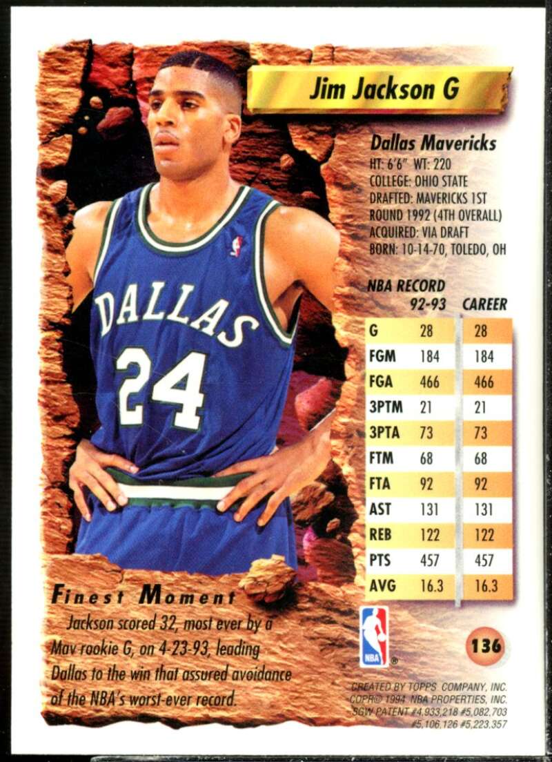 Jim Jackson Card 1993-94 Finest Refractors #136  Image 2