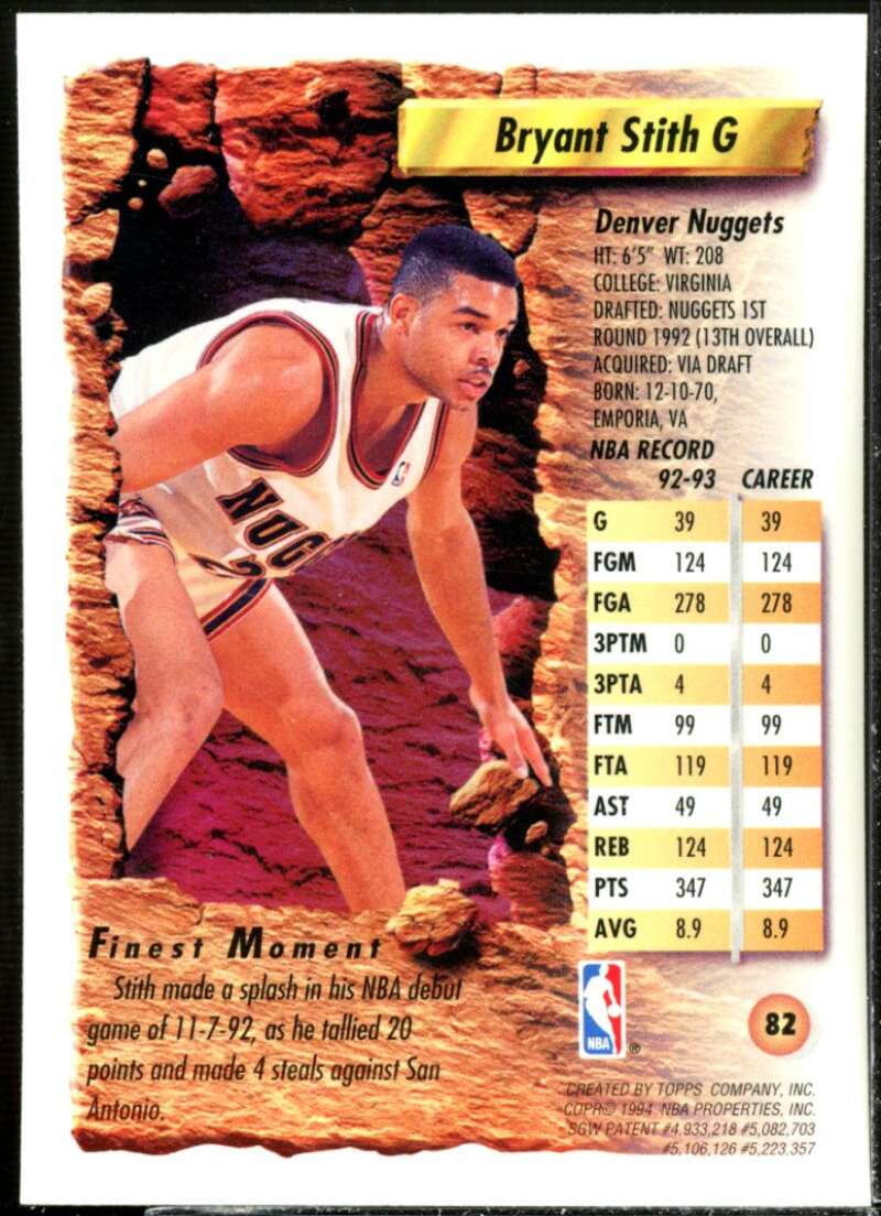 Bryant Stith Card 1993-94 Finest Refractors #82  Image 2