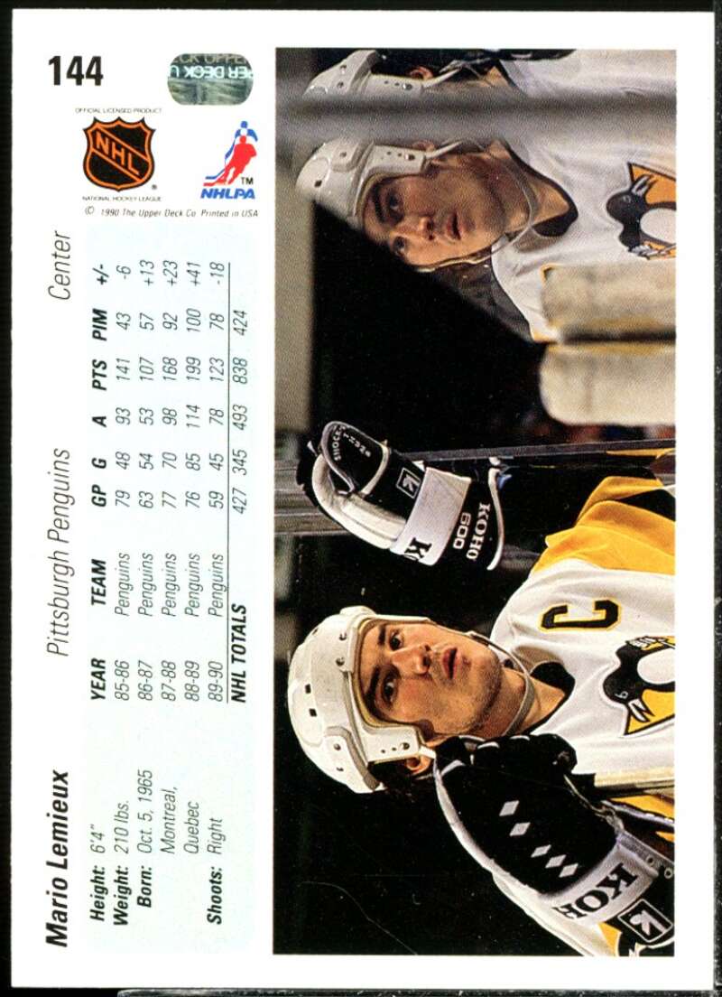 Mario Lemieux Card 1990-91 Upper Deck #144  Image 2