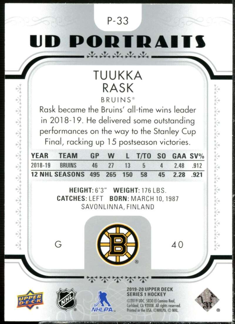 Tuukka Rask Card 2019-20 Upper Deck UD Portraits #P33  Image 2