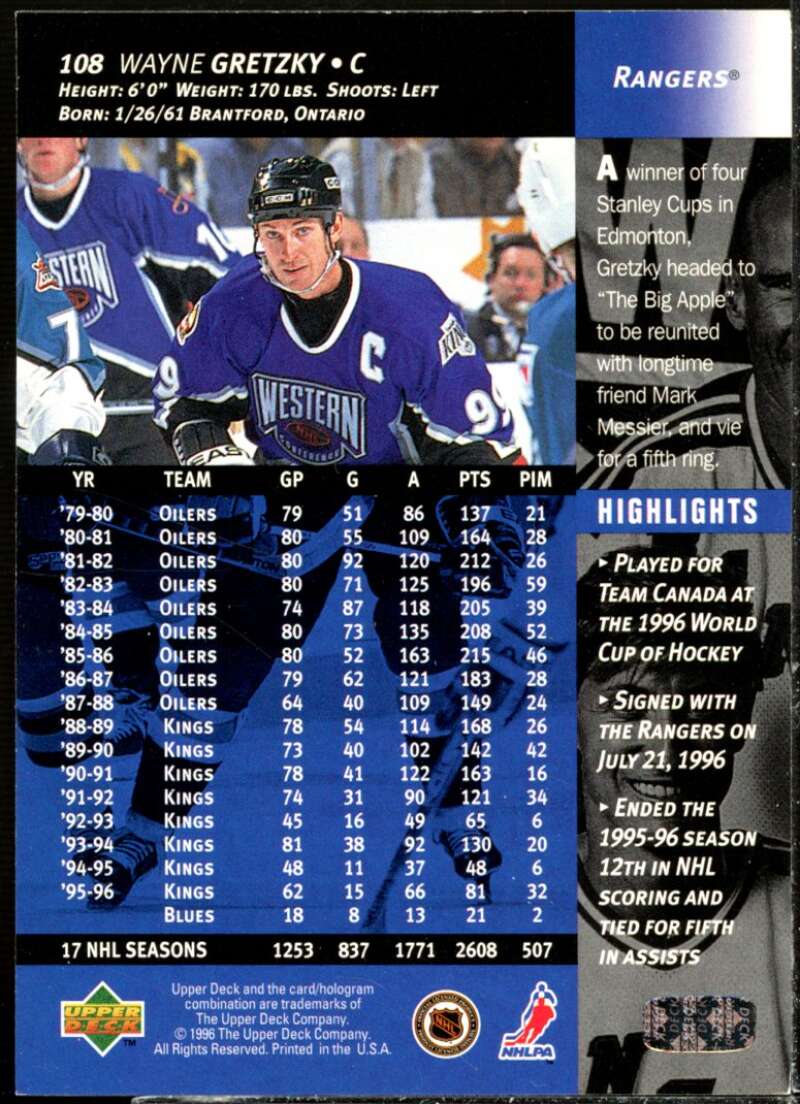 Wayne Gretzky/with Mark Messier Card 1996-97 Upper Deck #108  Image 2