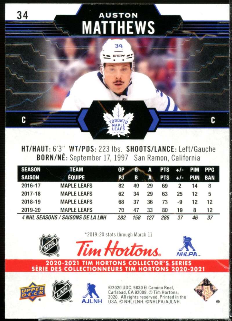 Auston Matthews Card 2019-20 Upper Deck Tim Hortons #34  Image 2
