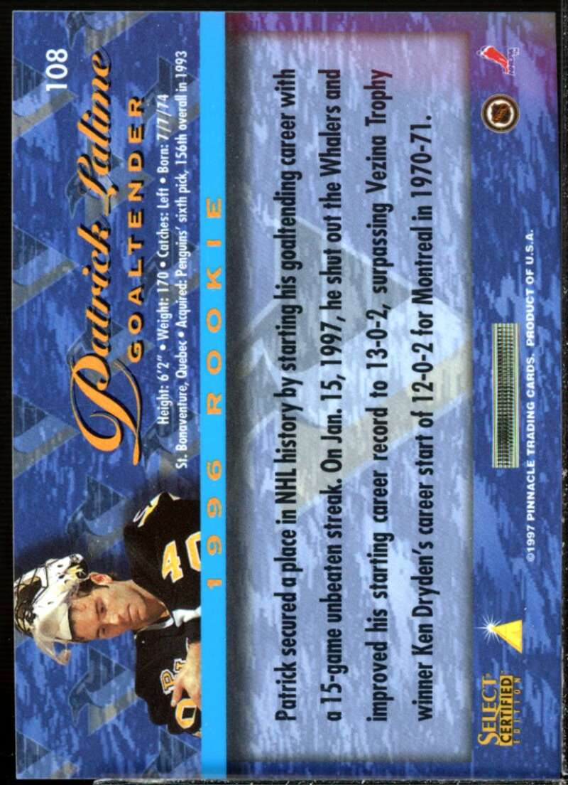 Patrick Lalime Card 1996-97 Select Certified Red #108  Image 2