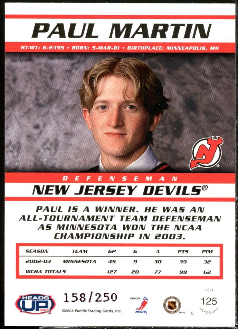 Paul Martin Rookie Card 2003-04 Pacific Heads Up Hobby LTD #125  Image 2