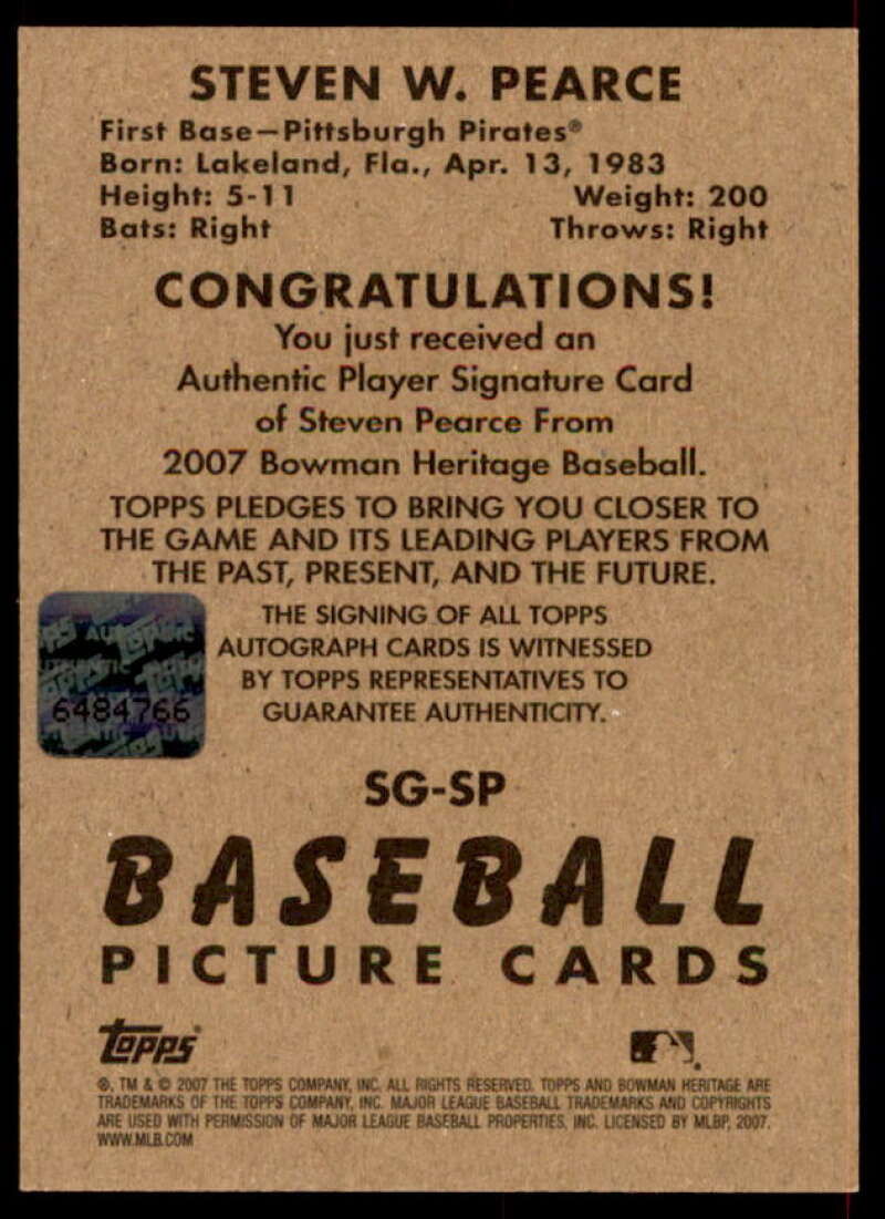 Steve Pearce Rookie Card 2007 Bowman Heritage Signs of Greatness #SP  Image 2