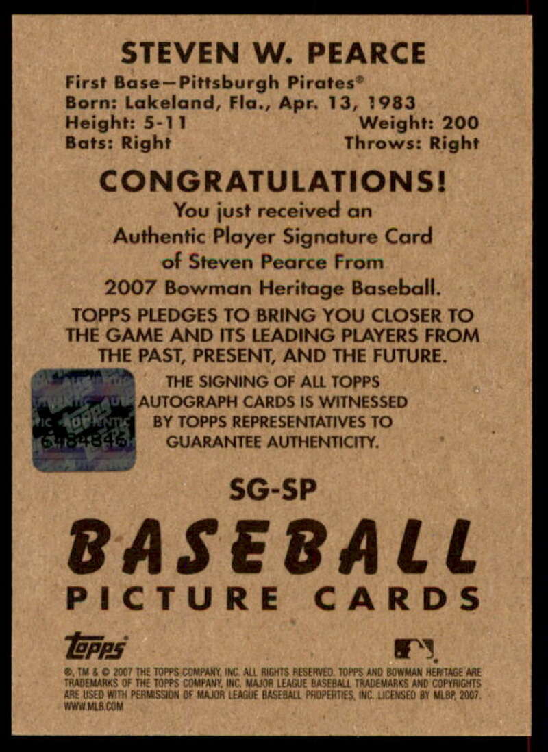 Steve Pearce Rookie Card 2007 Bowman Heritage Signs of Greatness #SP  Image 2