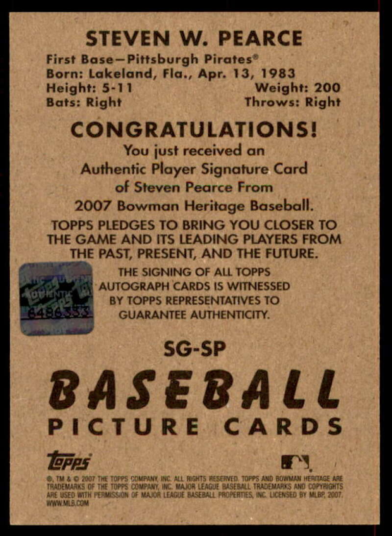 Steve Pearce Rookie Card 2007 Bowman Heritage Signs of Greatness #SP  Image 2