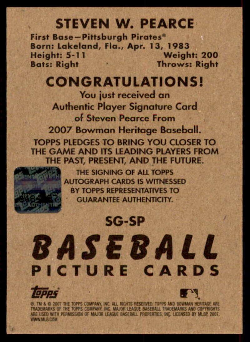 Steve Pearce Rookie Card 2007 Bowman Heritage Signs of Greatness #SP  Image 2