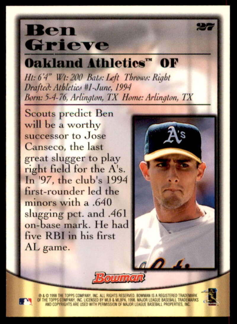 Ben Grieve Card 1998 Bowman Certified Blue Autographs #27  Image 2