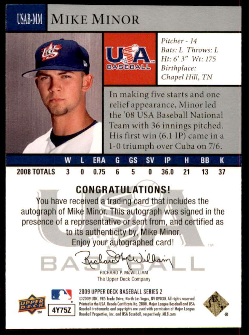 Mike Minor Rookie Card 2009 Upper Deck USA National Team Autographs #MM  Image 2