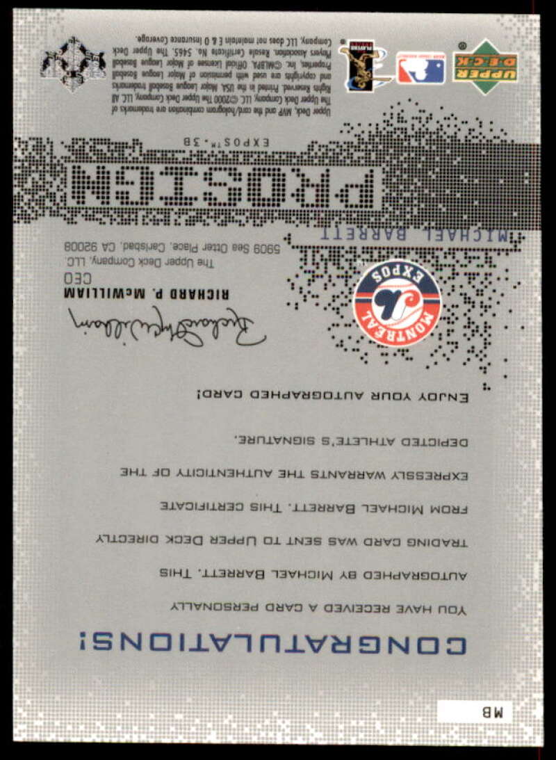 Michael Barrett Rookie Card 2000 Upper Deck MVP ProSign #MB  Image 2