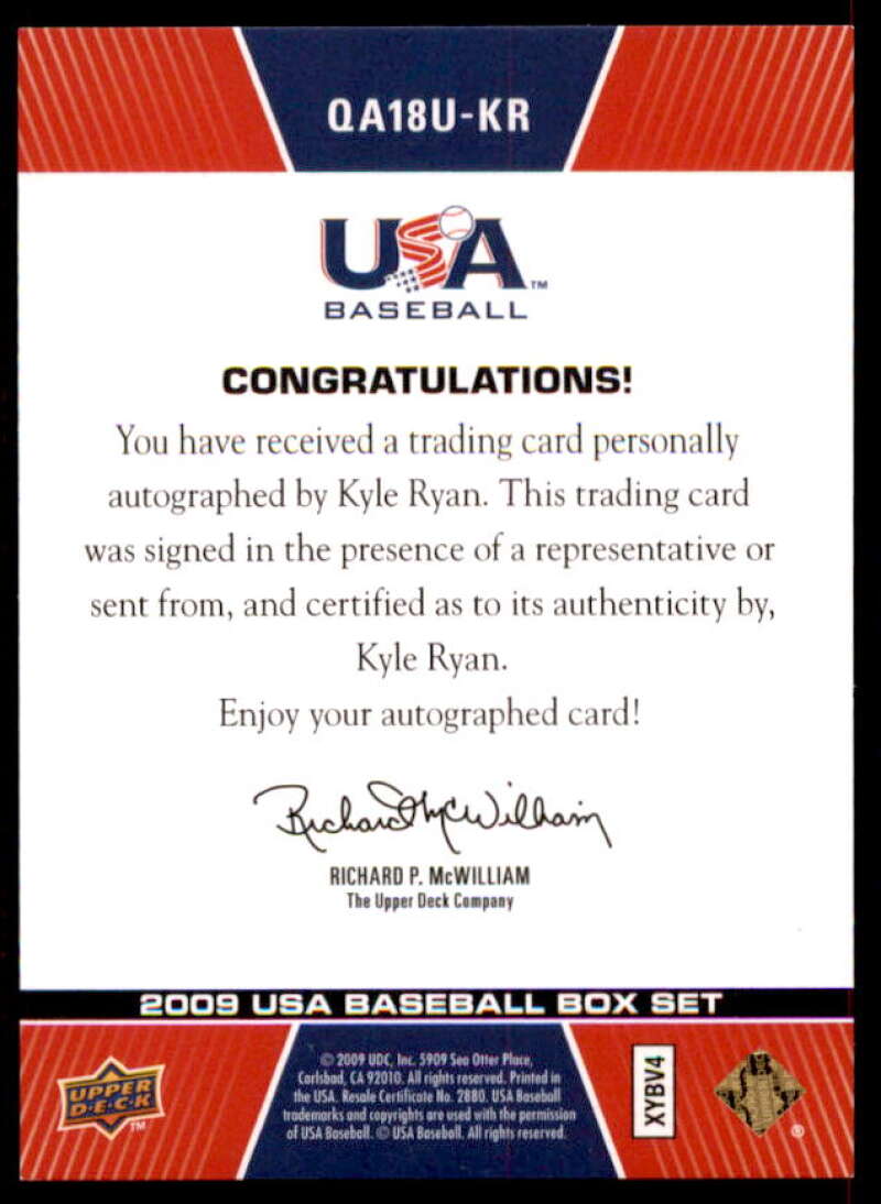 Kyle Ryan Rookie 2009-10 USA Baseball 18U National Team Q And A Autographs #KR  Image 2