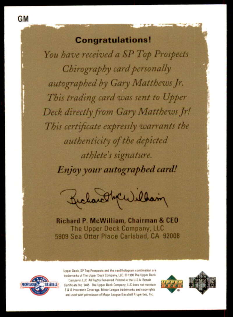 Gary Matthews Jr. Rookie Card 1998 SP Top Prospects Autographs #GM  Image 2