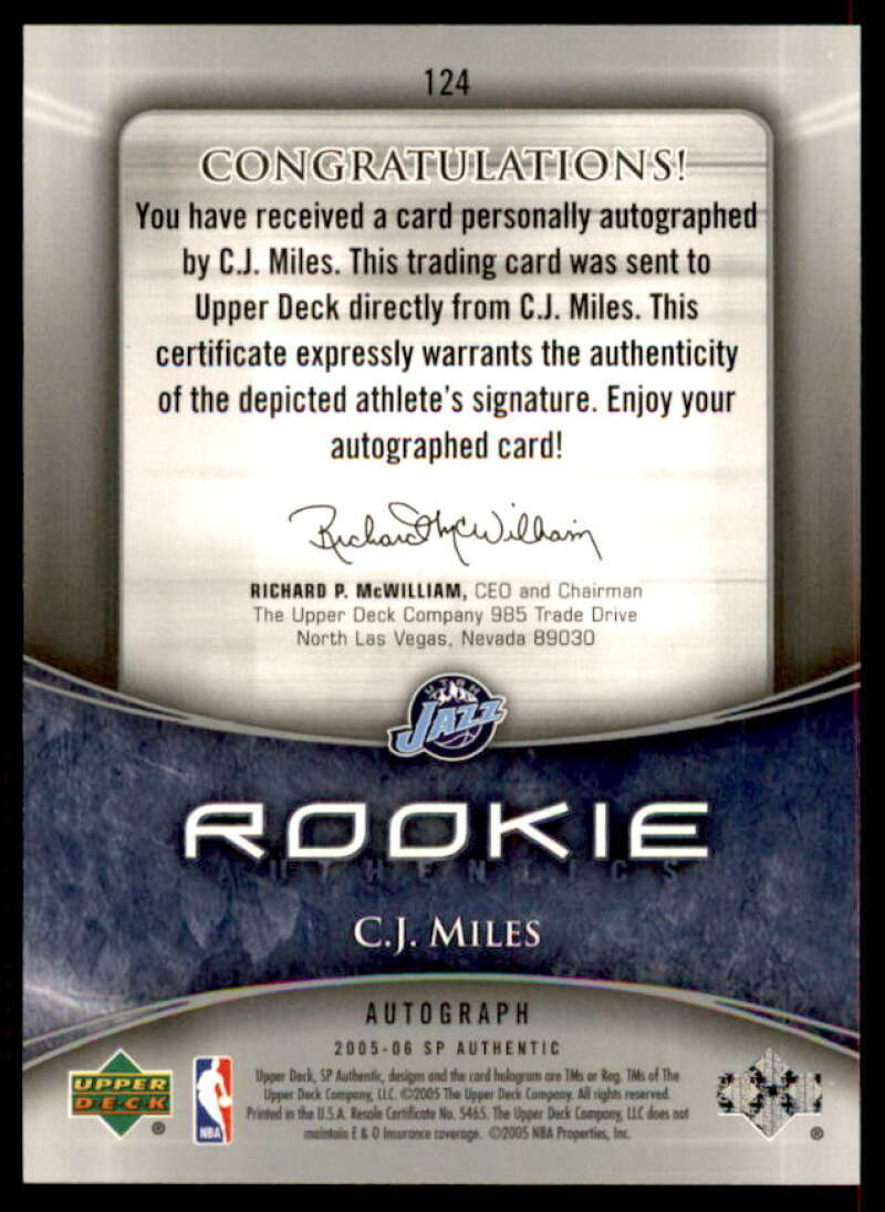 C.J. Miles AU Rookie Card 2005-06 SP Authentic #124  Image 2