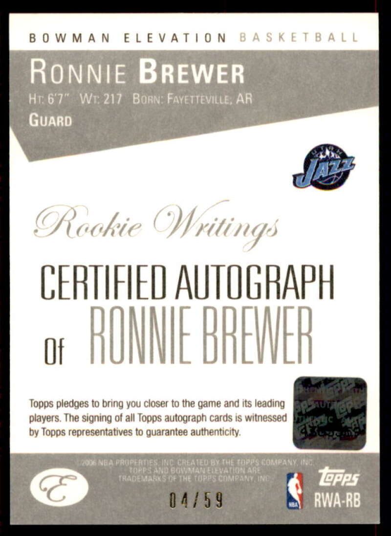 Ronnie Brewer Card 2006-07 Bowman Elevation Rookie Writing Autographs Red #RB  Image 2