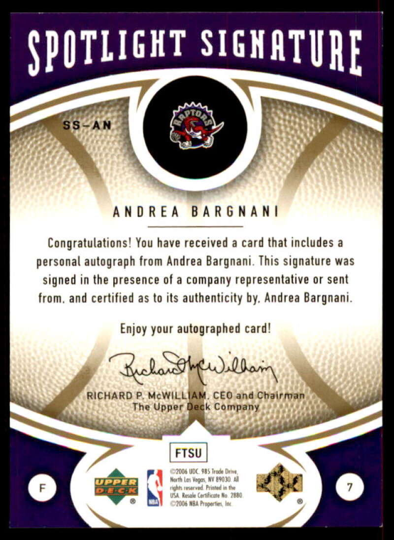 Andrea Bargnani SP Rookie 2006-07 Upper Deck Ovation Spotlight Signature #AN  Image 2