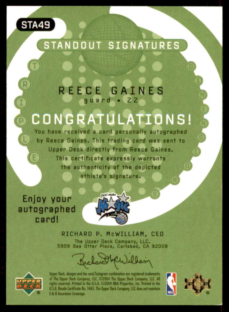 Reece Gaines Card 2003-04 Upper Deck Triple Dimensions Standout Sigs #49  Image 2