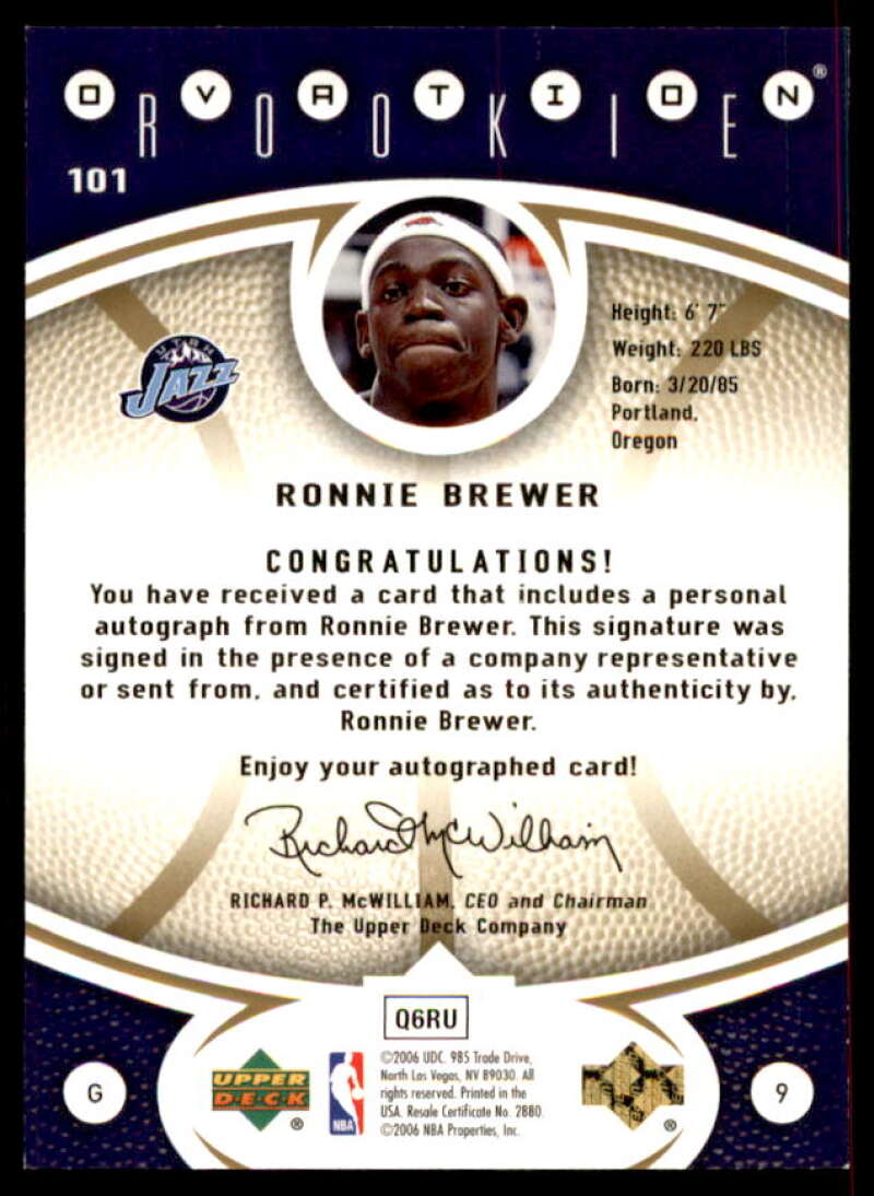 Ronnie Brewer AU Rookie Card 2006-07 Upper Deck Ovation Gold #101  Image 2