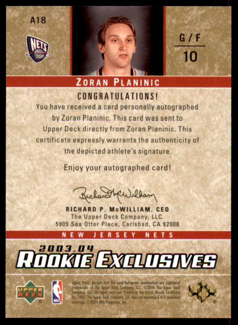 Zoran Planinic Rookie Card 2003-04 Upper Deck Rookie Exclusives Autographs #A18  Image 2