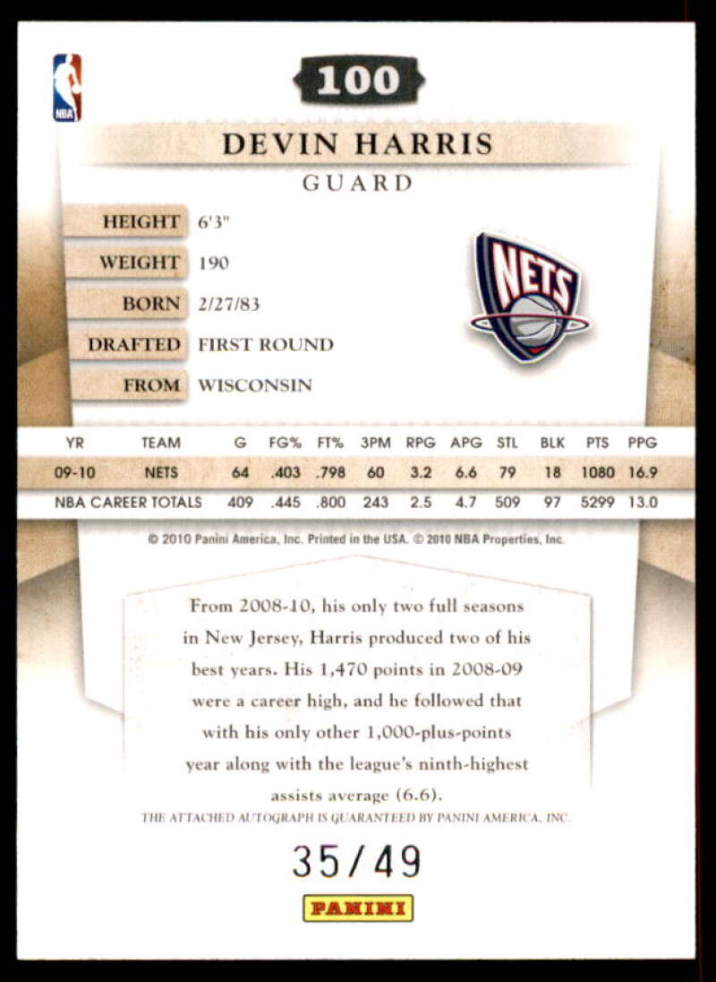 Devin Harris Card 2010-11 Timeless Treasures Signatures Silver #100  Image 2