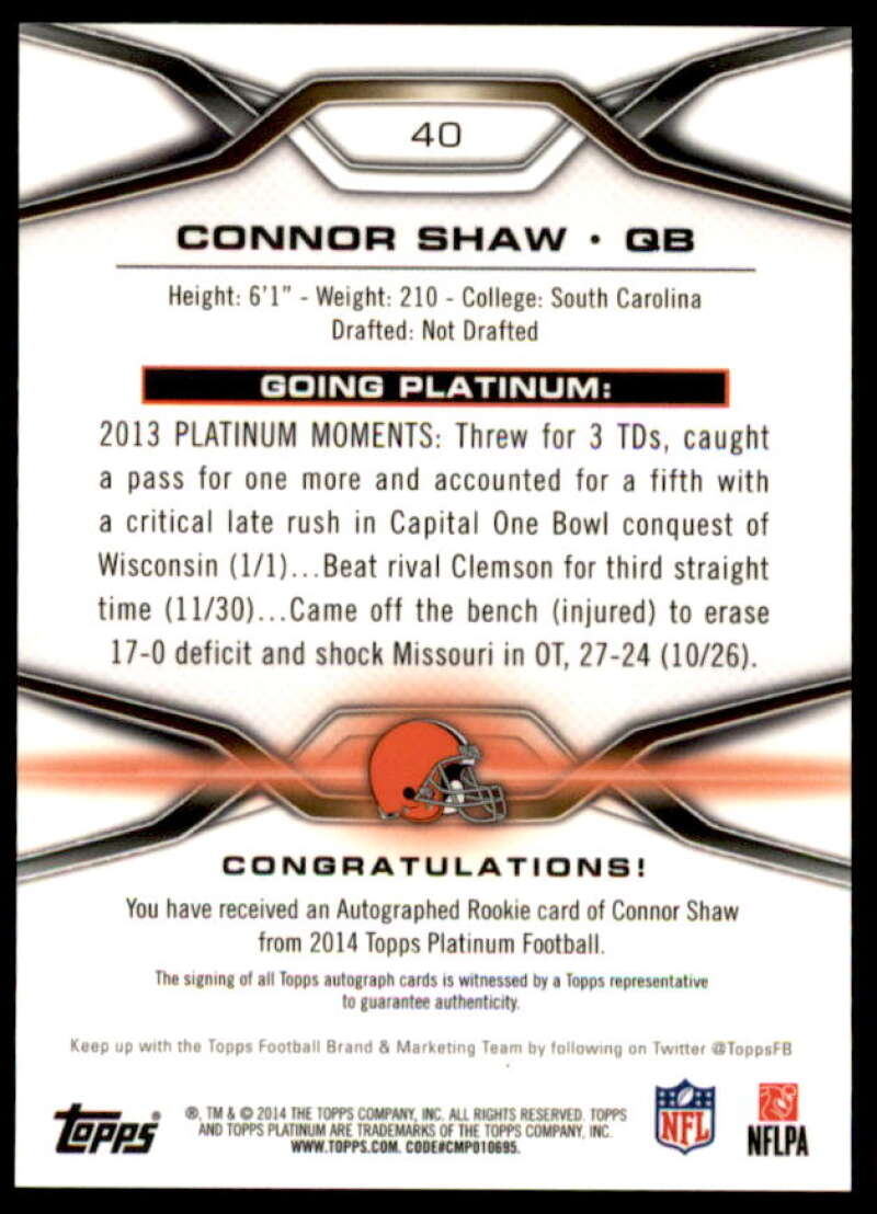 Connor Shaw Rookie Card 2014 Topps Platinum Autographs Refractors #40  Image 2