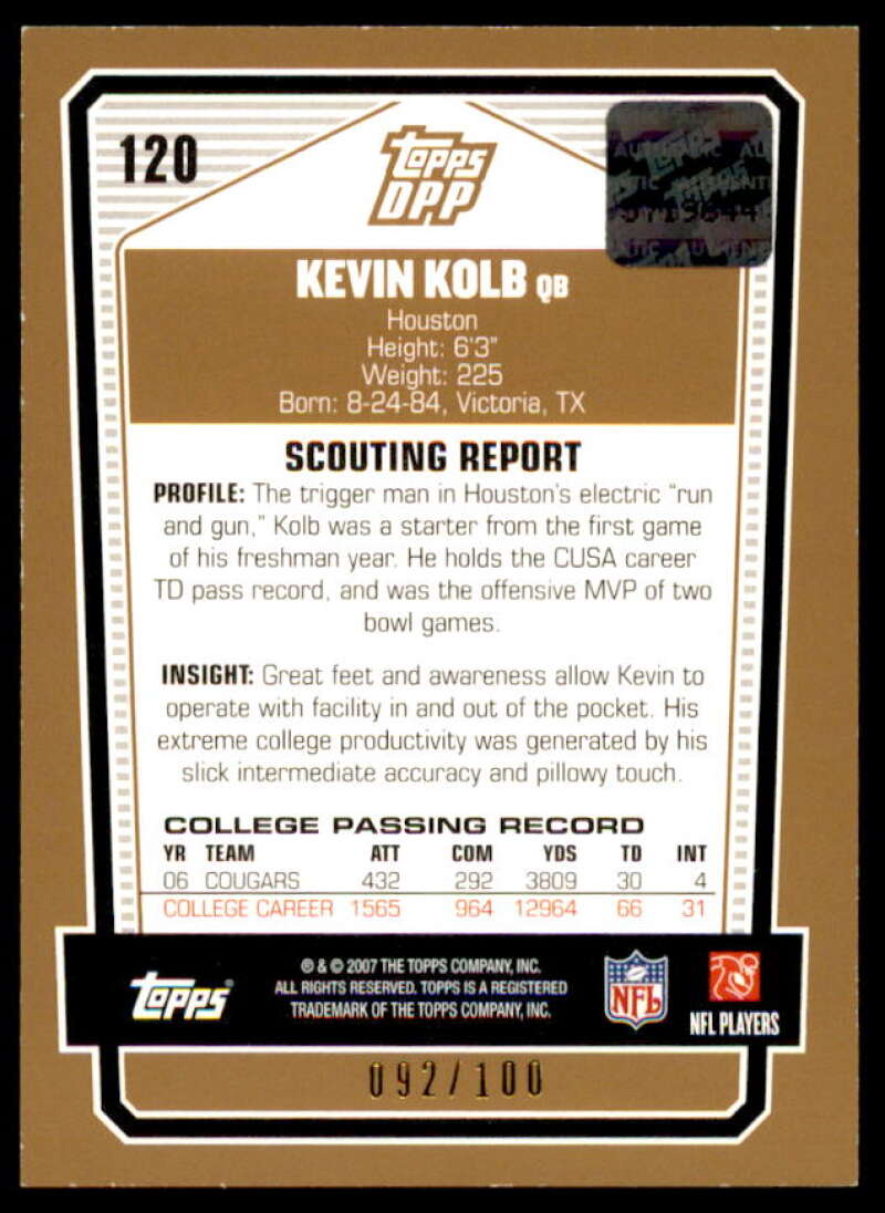 Kevin Kolb Rookie 2007 Topps Draft Picks and Prospects Rookie Autographs #120  Image 2