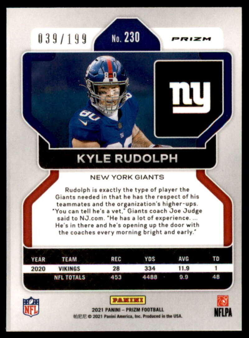 Kyle Rudolph Card 2021 Panini Prizm Prizms Blue Wave #230  Image 2