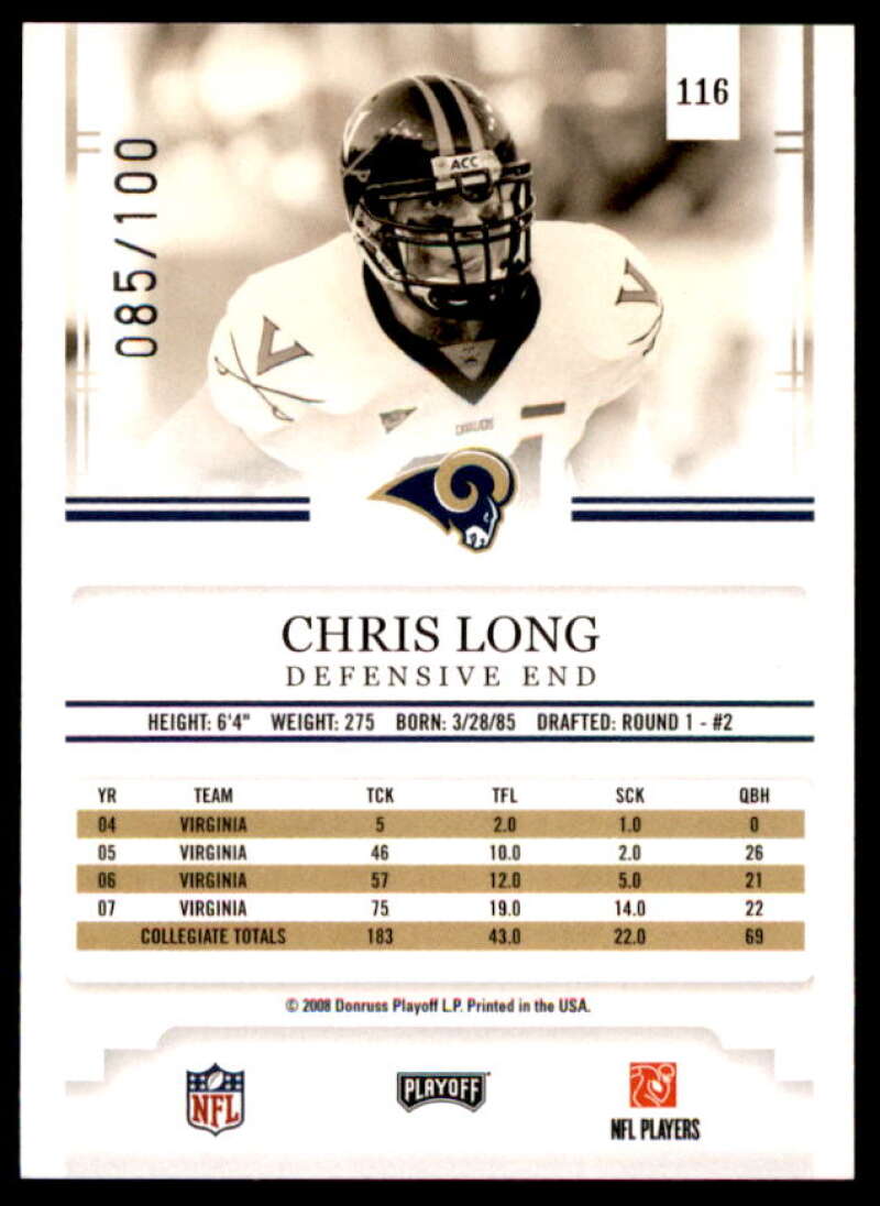 Chris Long Rookie Card 2008 Playoff Prestige Draft Picks Rights Autographs #116  Image 2