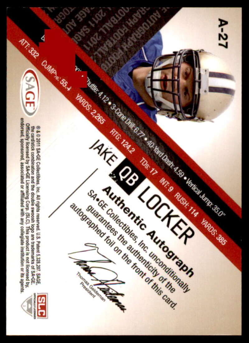 Jake Locker Rookie Card 2011 SAGE Autographs Gold #27  Image 2