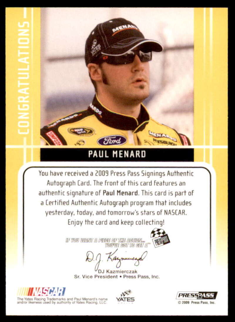 Paul Menard Card 2009 Press Pass Signings Gold #32  Image 2