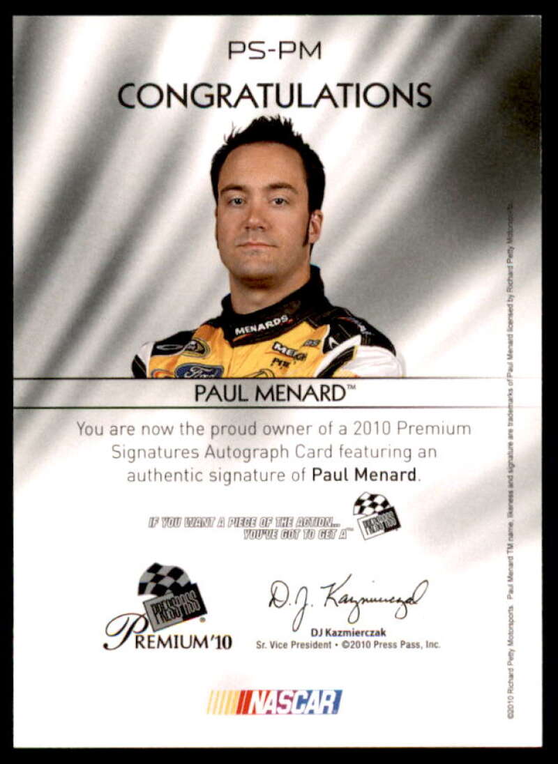 Paul Menard Card 2010 Press Pass Premium Signatures #PSPM  Image 2