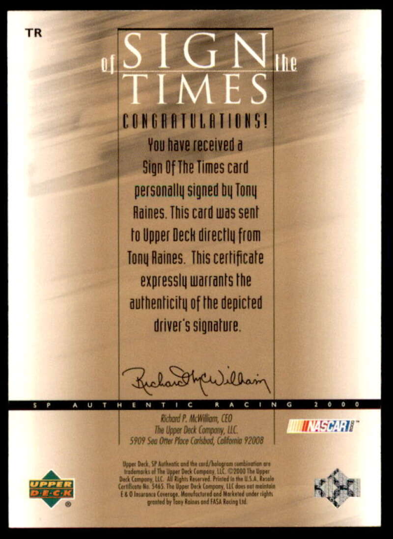 Tony Raines Card 2000 SP Authentic Sign of the Times #TR  Image 2