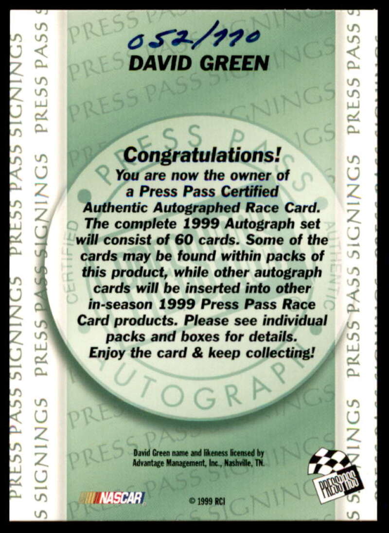 David Green Card 1999 Press Pass Signings #20  Image 2
