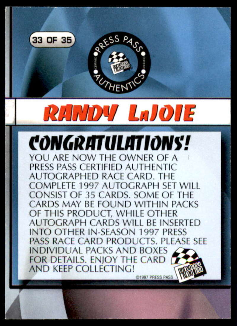 Randy LaJoie Card 1997 Press Pass Autographs #33  Image 2