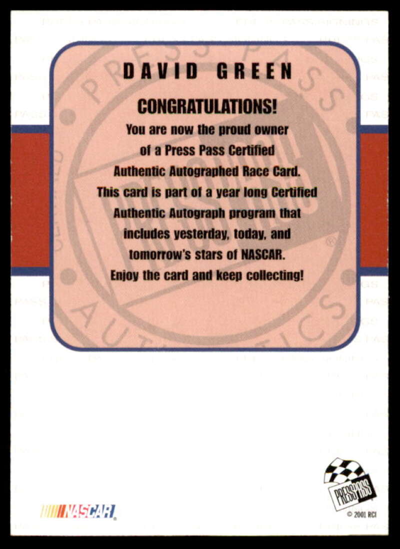 David Green Card 2001 Press Pass Autographs #15  Image 2