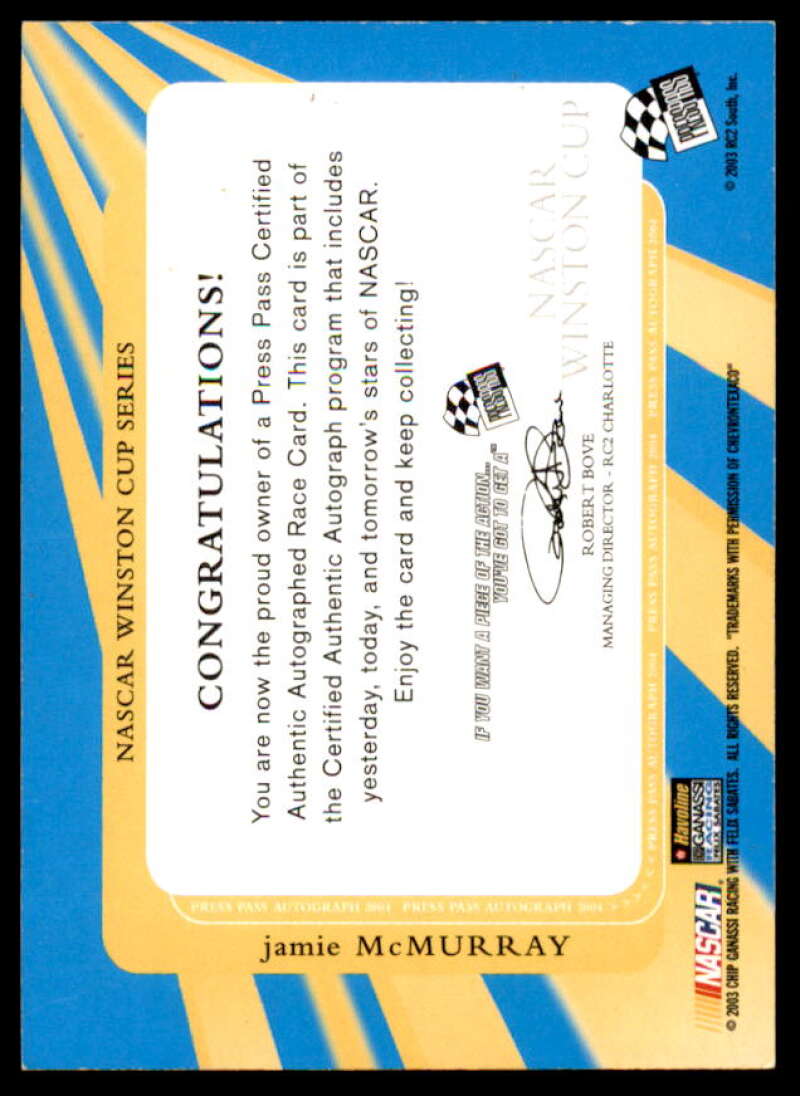 Jamie McMurray Card 2003 Press Pass Autographs #NNO  Image 2